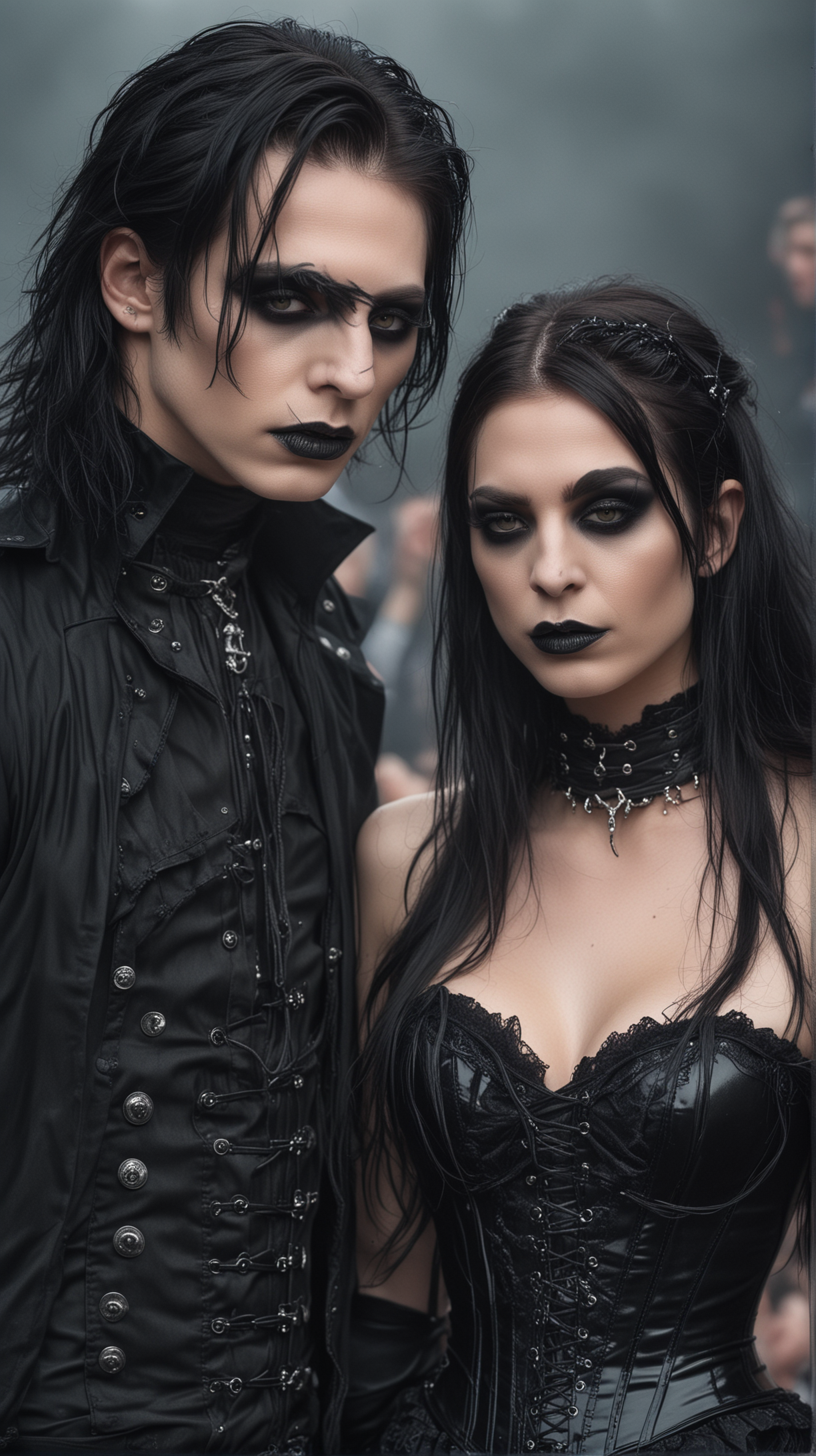 At Graspop Metal Meeting 2023, a darkly romantic couple, a woman in a lace-up corset and a man with sleek black hair, both with black lipstick and an aura of gothic elegance, stand close together, their pale makeup contrasting the grey skies.