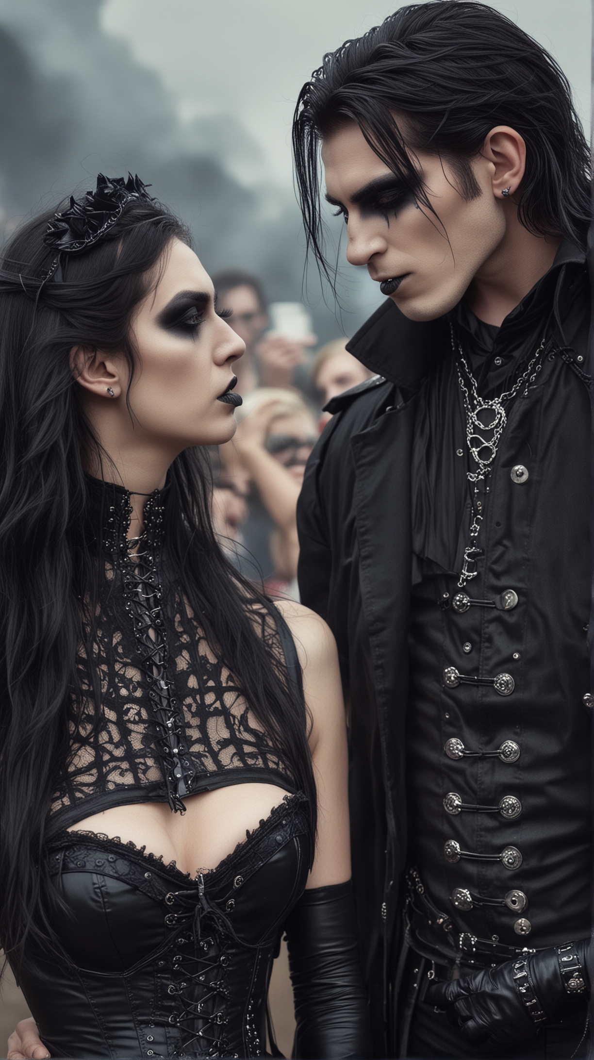 Bloodstock 2007: An intense gaze between a gothic pair; she in a lace corset and he in a buttoned jacket adorned with chains, their gothic makeup perfected for an aura of romantic darkness.