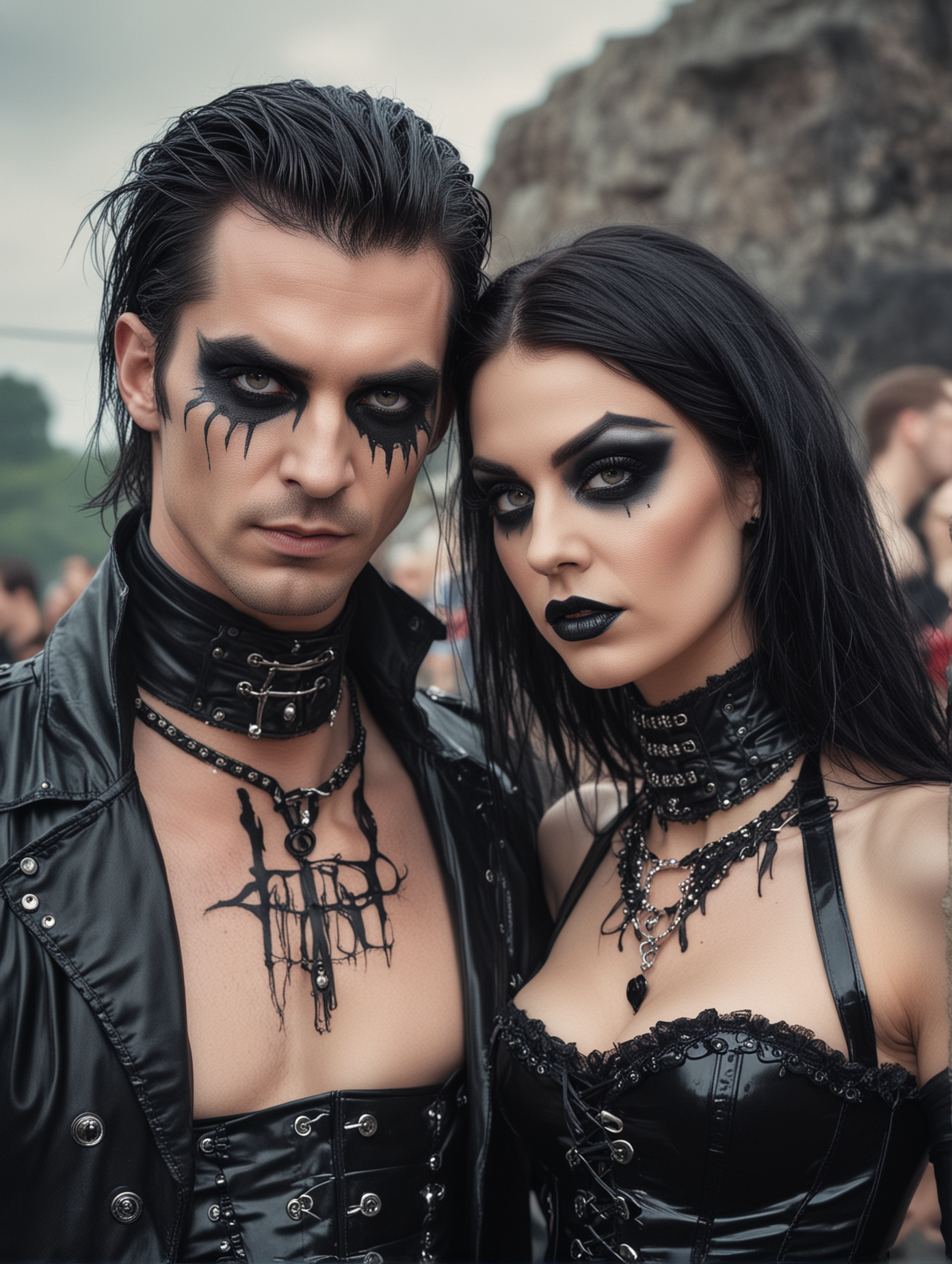 A photorealistic scene of a gothic couple at Hellfest 2020, the woman in a black corset dress and the man in a leather jacket with a skeletal emblem, as they watch a band play live.