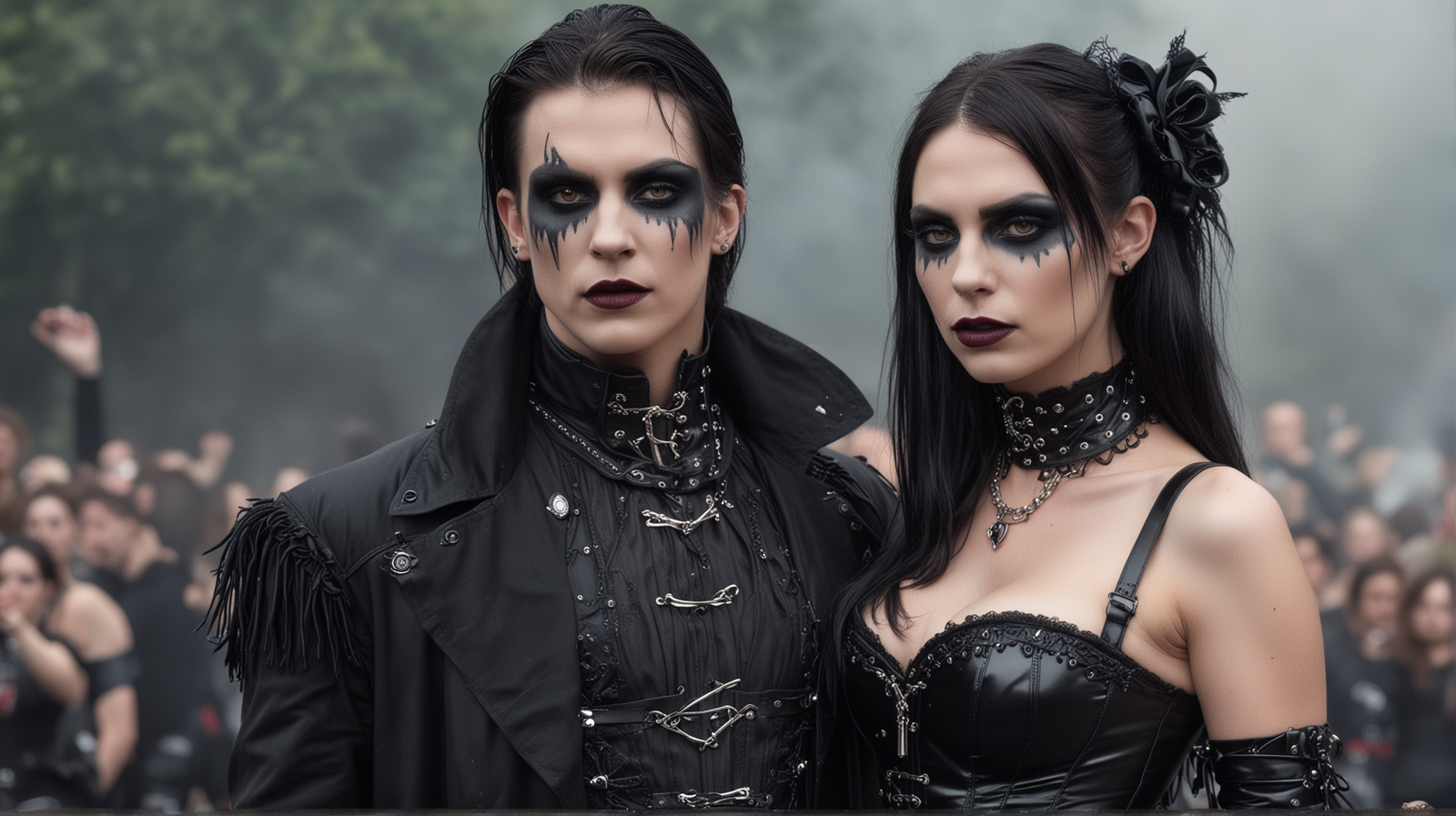 Gothic couple at Leyendas del Rock festival, in front of a crowd, man with black fringe jacket, woman with black lace headpiece.