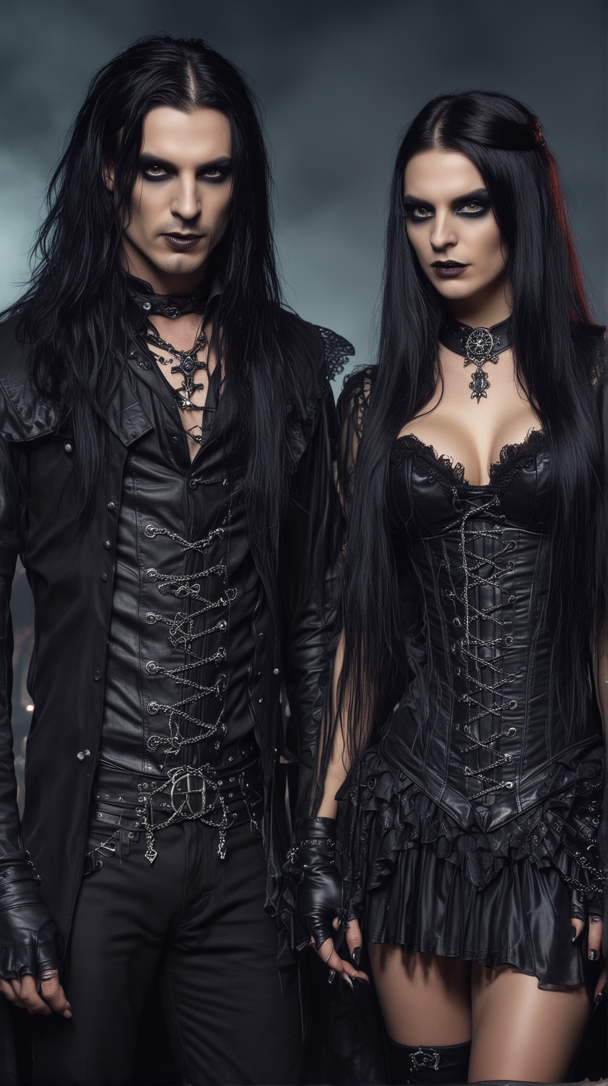 A man and a woman in gothic attire, featuring chains and leather, with a moody, overcast sky in the background, evoking the essence of Leyendas del Rock.