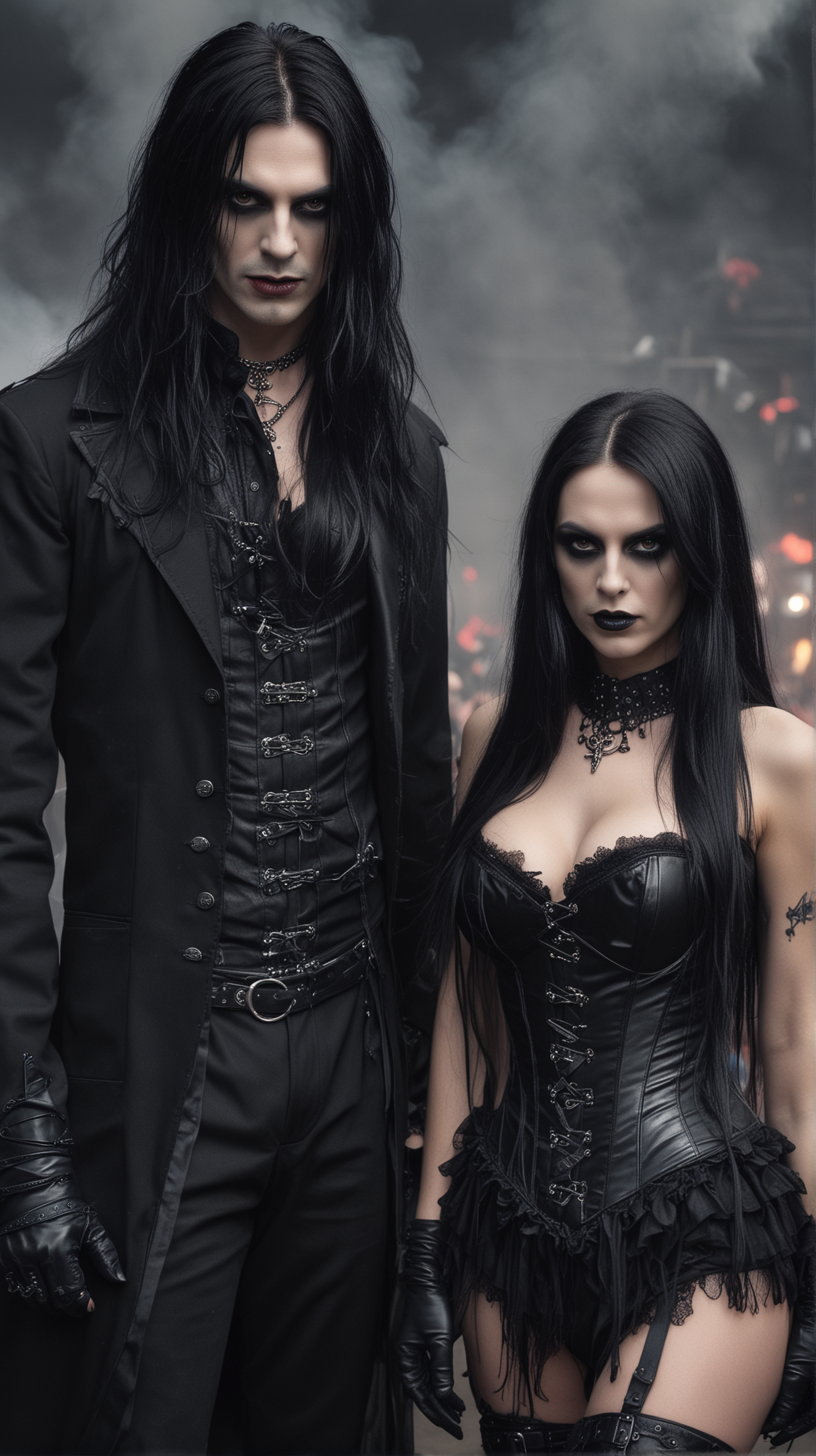A gothic couple at Leyendas del Rock 2016, man with long black hair and black coat, woman with black corset and choker.