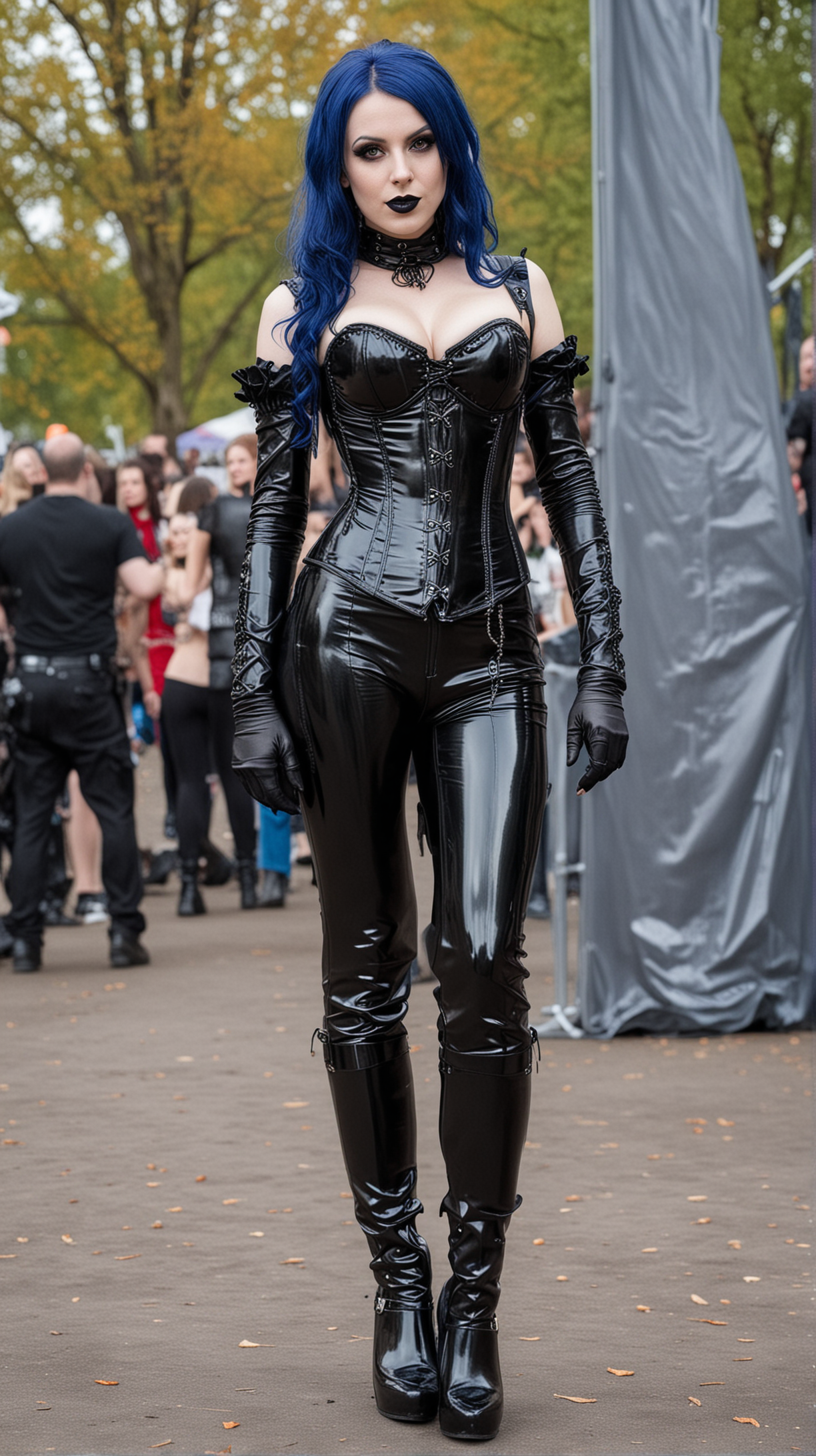 Woman with blue hair in gothic black corset and PVC pants at Arvika Festivalen 2007, with festivalgoers in the background