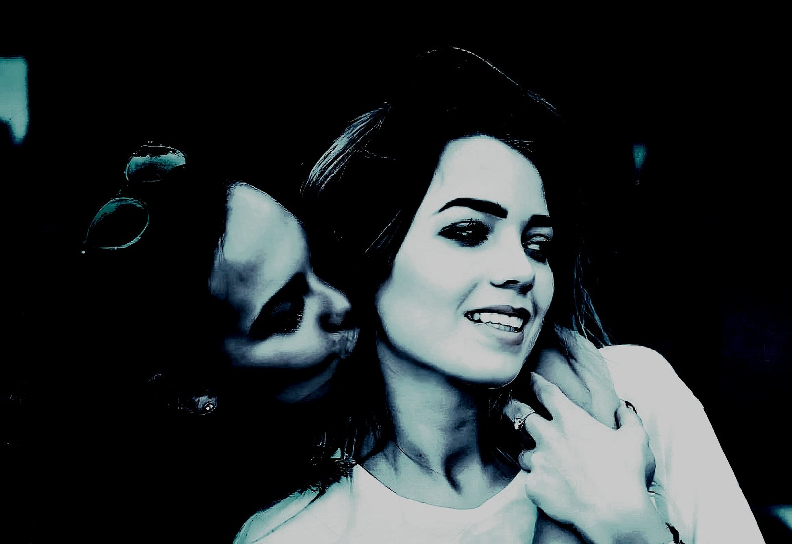 Gothic image of a woman receiving a ghostly kiss, suggesting a lesbian connection.