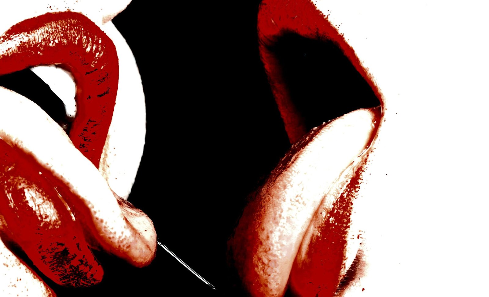 Lips in a provocative gesture with a crimson hue, symbolizing bisexual gothic passion.