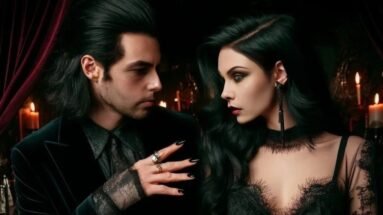 Midnight Chords: A gothic couple in an intimate pose, man with a black velvet jacket gazing thoughtfully while a woman in lace attire looks away.