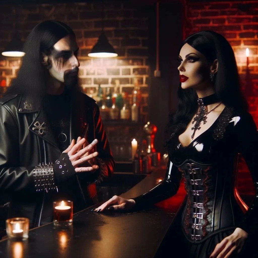A sophisticated goth couple at a bar, the man speaking with hand gestures and the woman listening attentively, both in stylish gothic wear.