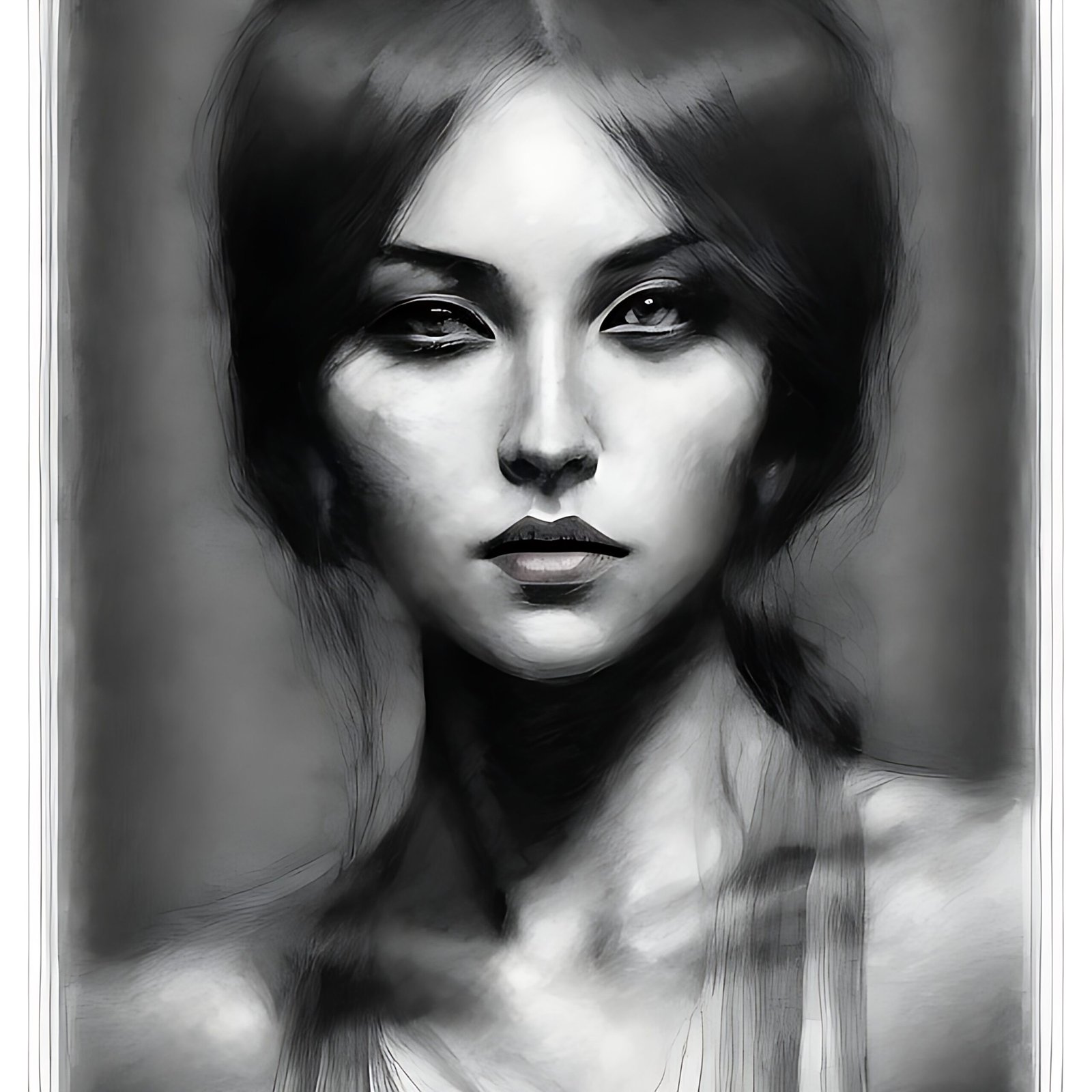 Dramatic monochromatic image of a woman gazing forward with a shadowed face and a neutral, contemplative expression.
