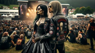 A gothic couple at Dynamo Metal Fest 1996, the woman in an ornate black corset dress and the man in a leather jacket adorned with band patches, embodying the festival's heavy metal ethos.