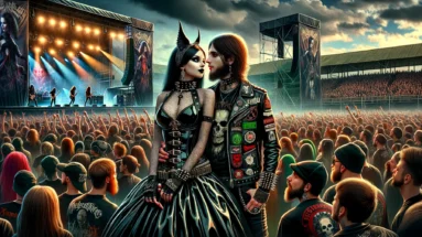 A vivid illustration of a gothic couple at Dynamo Metal Fest 1986, with the man and woman dressed in dark, elaborate goth attire, expressing the raw energy of the festival.