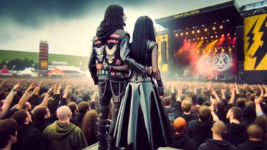 A couple perched above the Graspop Metal Meeting 2011 crowd, embracing the festival spirit in elaborate goth and metal fashion, overlooking the stage and audience.