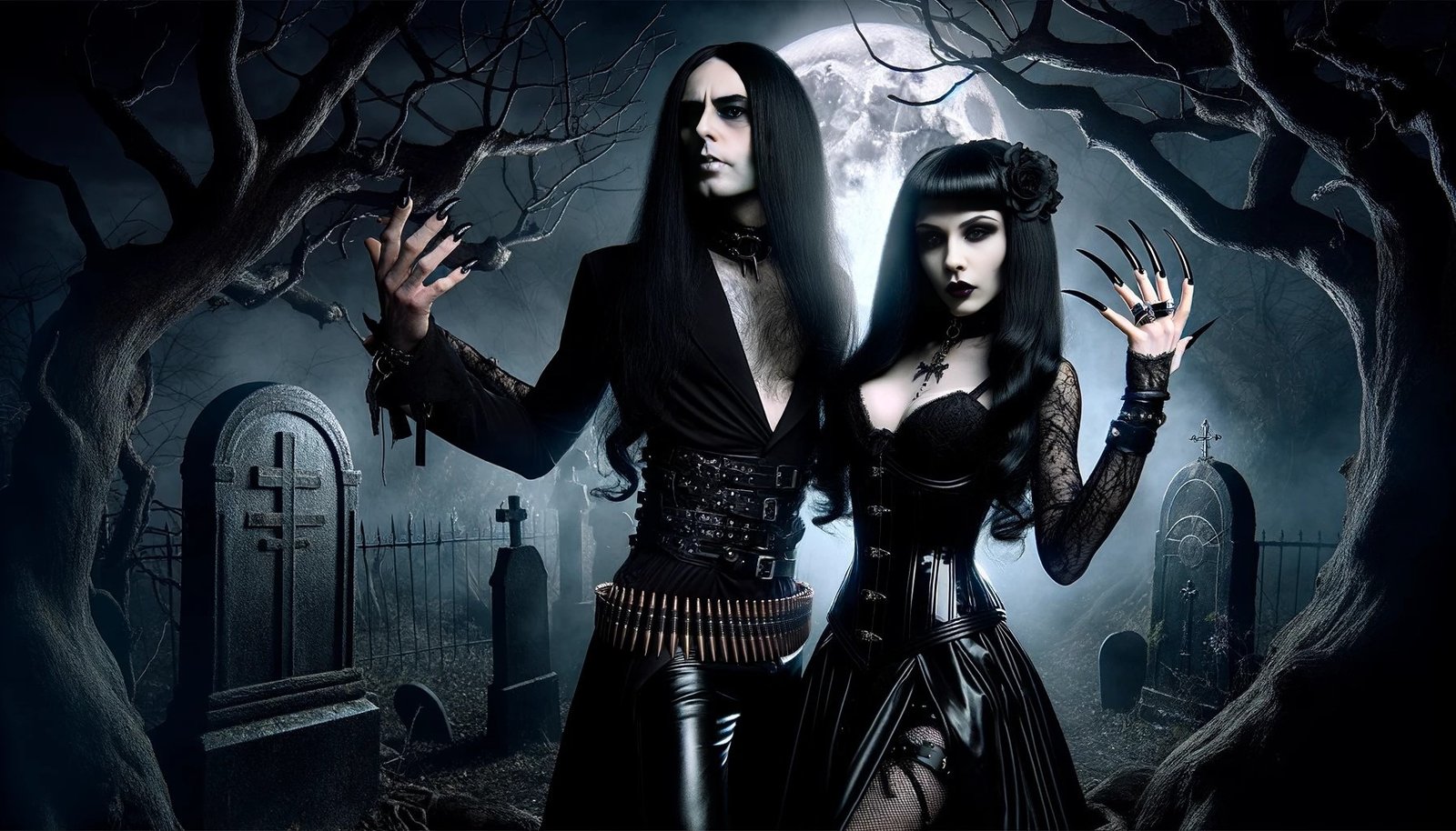 An enigmatic gothic duo in a misty graveyard under a full moon, the man with outstretched hands in a belted tunic and trousers, the woman with dramatic makeup and long nails, both surrounded by gnarled trees and ancient gravestones, embodying a nocturnal, otherworldly charm.
