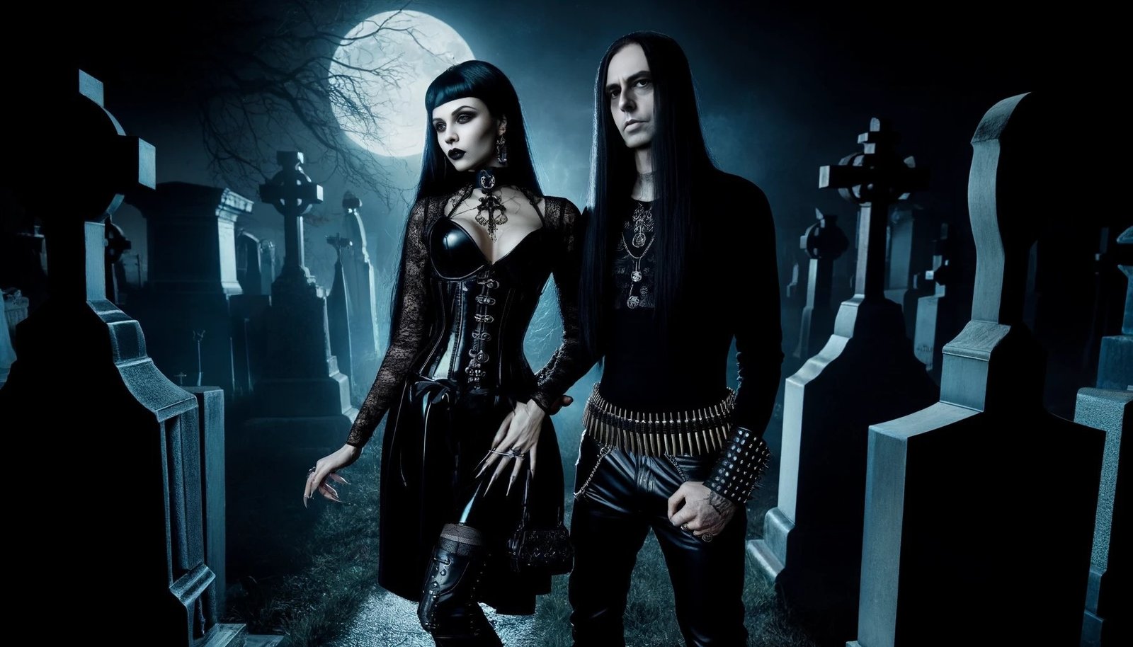 A gothic couple stands poised in a moonlit cemetery, the woman dressed in an elegant black corset and lace, with ornate jewelry, the man in black with studded leather accents, both exuding a dark, romantic aura amidst the backdrop of tombstones and ethereal fog.