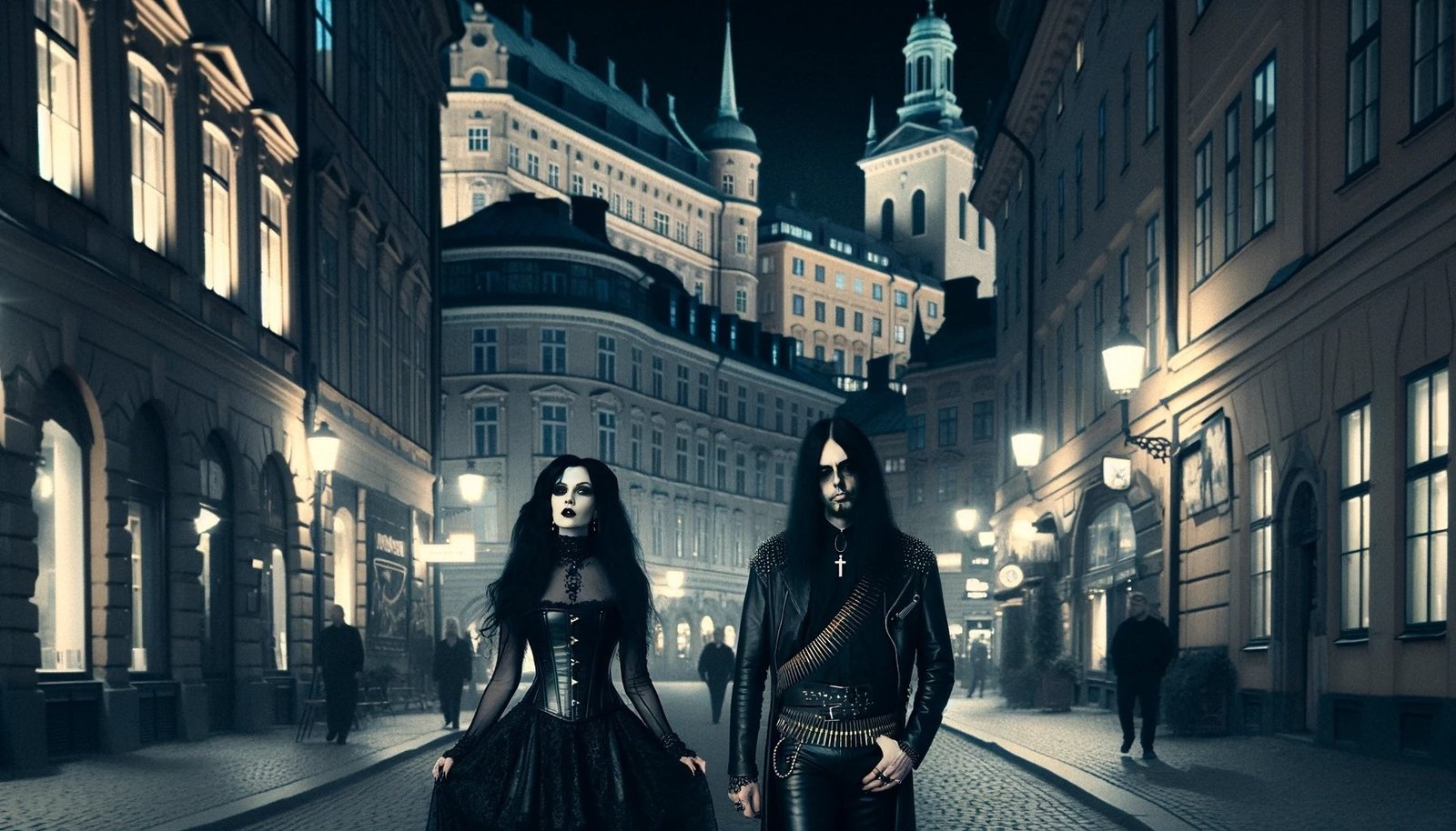 A gothic pair walks through the night-time streets of Gothenburg, with the woman in a corseted dress and the man in a leather jacket, their dark attire complementing the historical ambiance of the city.