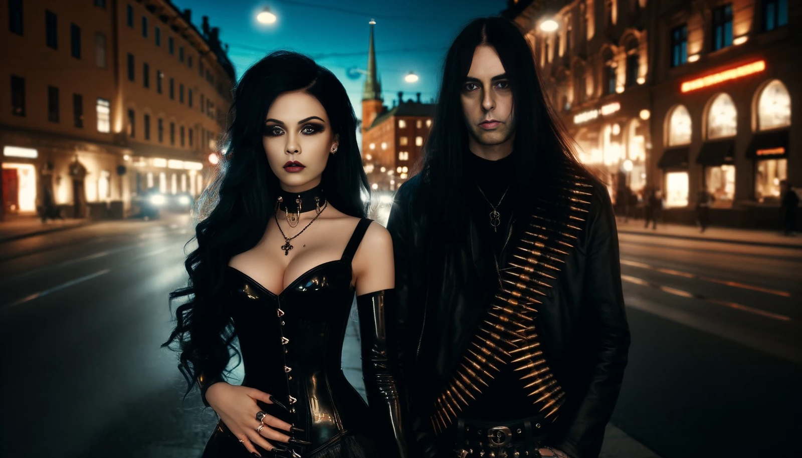 In the nocturnal glow of Gothenburg, a gothic woman and man stand side by side; she in a corset with flowing hair, he with spiked leather, as city life moves around them.