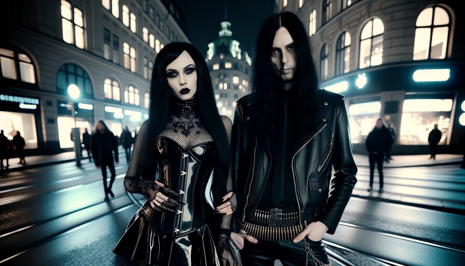 Standing against the bustling nightlife of Gothenburg, a gothic duo exudes dark elegance; the woman in a mesh-and-corset ensemble and the man in studded leather attire.