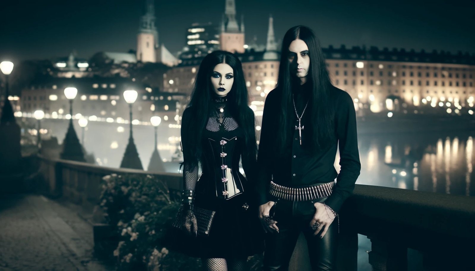 On the picturesque streets of Gothenburg at night, a gothic woman and a black-clad metalhead man pose by the river, blending the city's heritage with their modern edge.