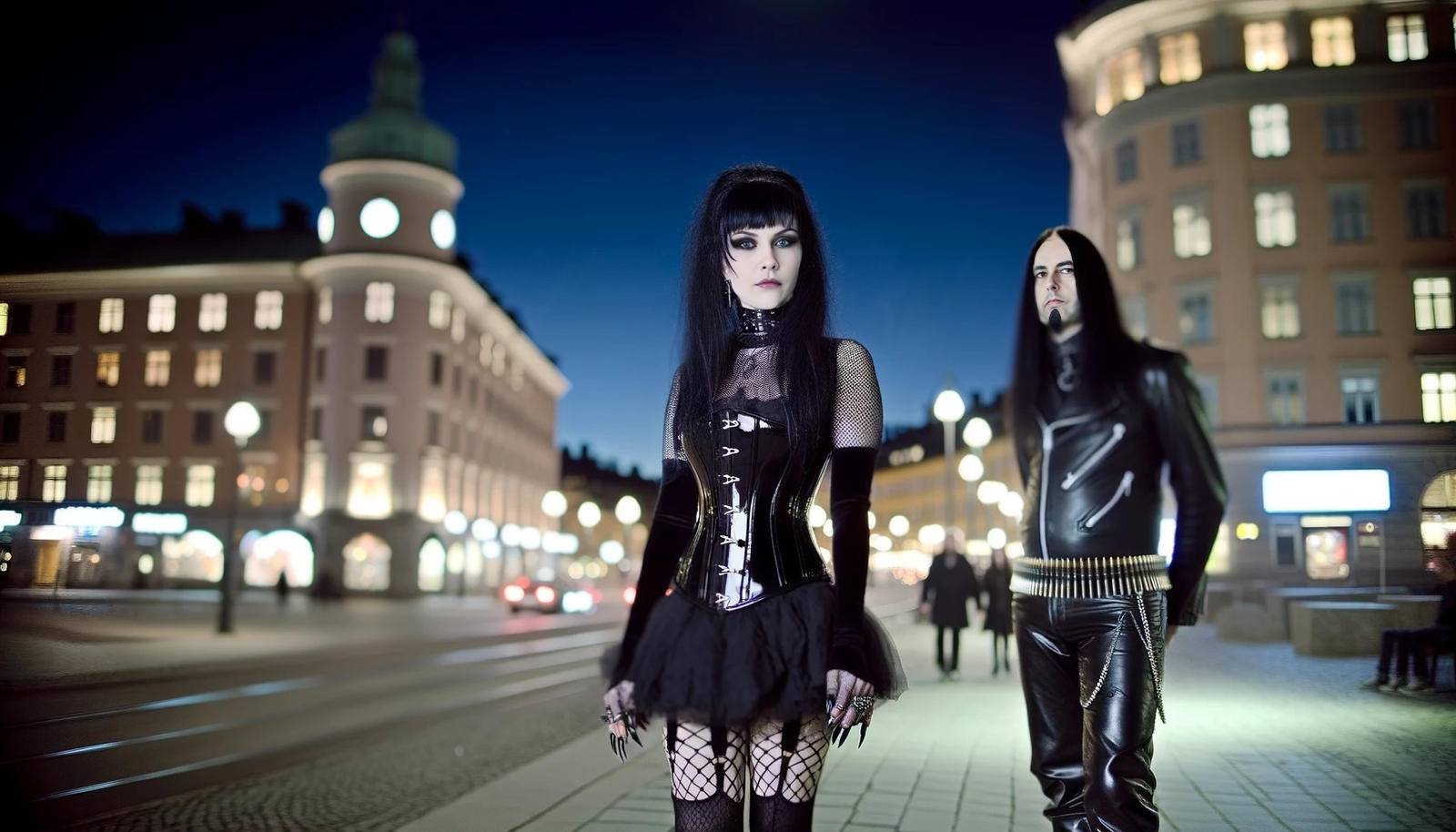 A gothic woman in a black mesh dress and a metalhead man in leather stand on a Gothenburg street at night, their dark style contrasting with the city's lit buildings.