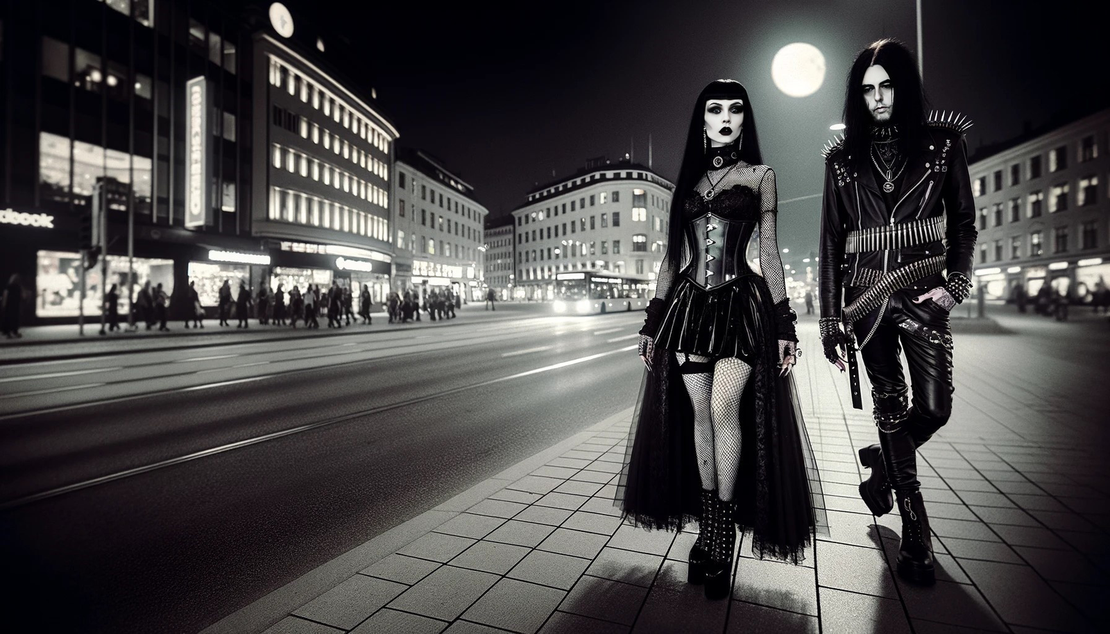 Amidst the urban glow of Gothenburg, a gothic woman in a layered dress and a man with spiked shoulders display their unique styles on a city street under the night sky.
