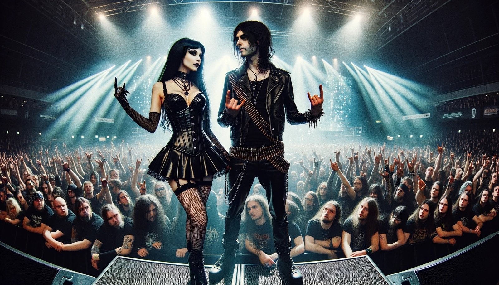 At a heavy metal concert, a gothic woman and a black metalhead man stand amidst the excitement of the crowd, commanding attention with their distinct style.
