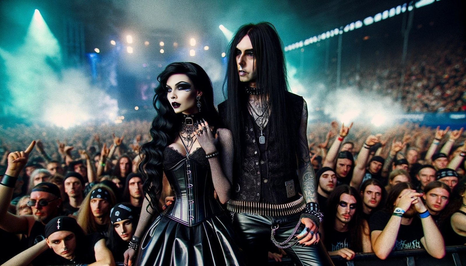 A gothic woman and a black metalhead man stand out in the energetic atmosphere of a heavy metal concert, with the crowd raising their hands in the iconic metal salute.