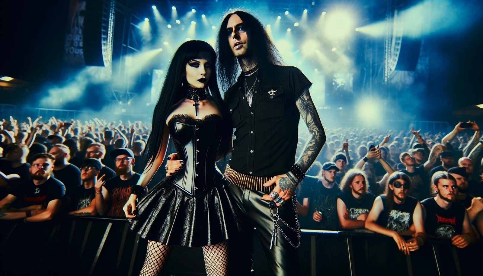 Amid the dynamic frenzy of a heavy metal concert, a gothic woman and a black metalhead man exude a cool presence as they pose for the camera with the audience's intensity behind them.