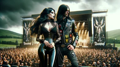 A digital artwork capturing the essence of Graspop Metal Meeting, with a couple in metal 2016 and goth attire overlooking a crowd of fans with the festival stage in the distance.