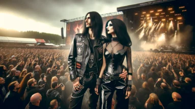 Graspop Metal Meeting 2021 captured in a scene with a photorealistic couple, the man in a black jacket adorned with metal patches and the woman in a sheer black top and corset, both gazing into the distance with the festival crowd behind them.