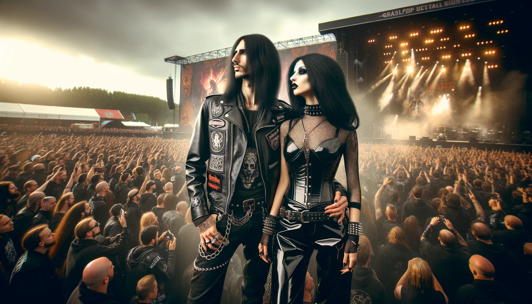 Graspop Metal Meeting 2021 captured in a scene with a photorealistic couple, the man in a black jacket adorned with metal patches and the woman in a sheer black top and corset, both gazing into the distance with the festival crowd behind them.
