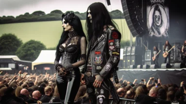 Bloodstock 2005: A gothic duo stands out in the festival crowd; her corset and his jacket are bedecked with metal music insignia, their presence a tribute to the subculture they celebrate, surrounded by like-minded spirits.