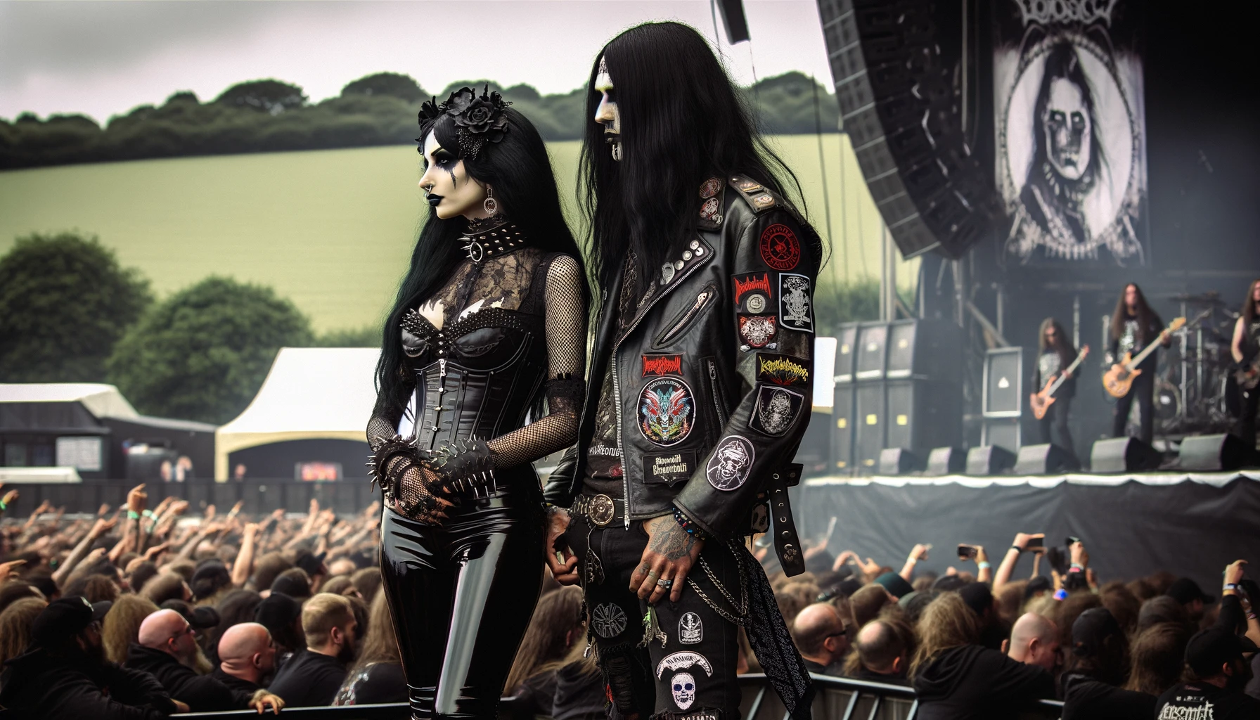 Bloodstock 2005: A gothic duo stands out in the festival crowd; her corset and his jacket are bedecked with metal music insignia, their presence a tribute to the subculture they celebrate, surrounded by like-minded spirits.