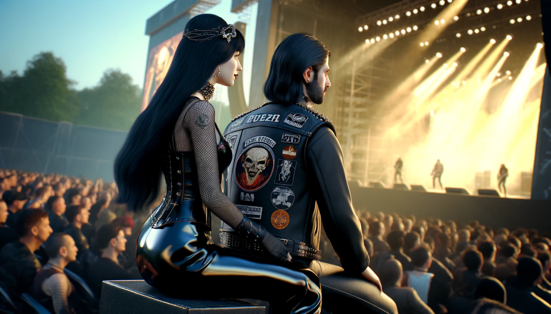 A gothic couple at Hellfest, the woman with dark, spiraling makeup and the man with long black hair, both wearing black outfits adorned with metallic elements.