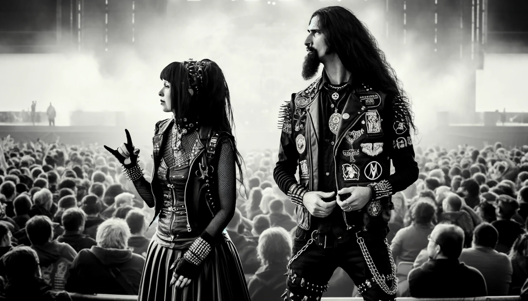 Black and white photo of a gothic couple at Leyendas del Rock 2018, man gesturing with hands, woman with spiked cuffs.