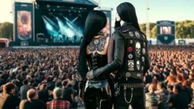 Back view of a gothic couple at Leyendas del Rock 2022, woman with wing tattoo on back, man in leather jacket, facing a large cheering crowd.
