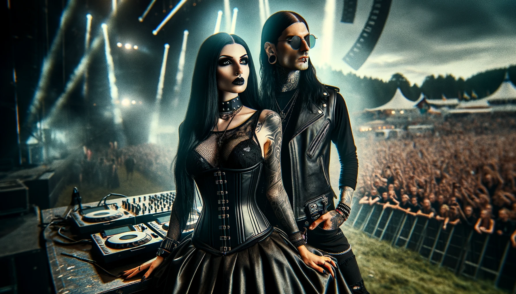 Gothic DJ couple at Arvika Festivalen 2009, with a crowd and festival stage in the background during a DJ set.
