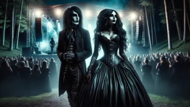 Photorealistic depiction of a gothic couple at Arvika Festivalen at night with stage and crowd in the background.