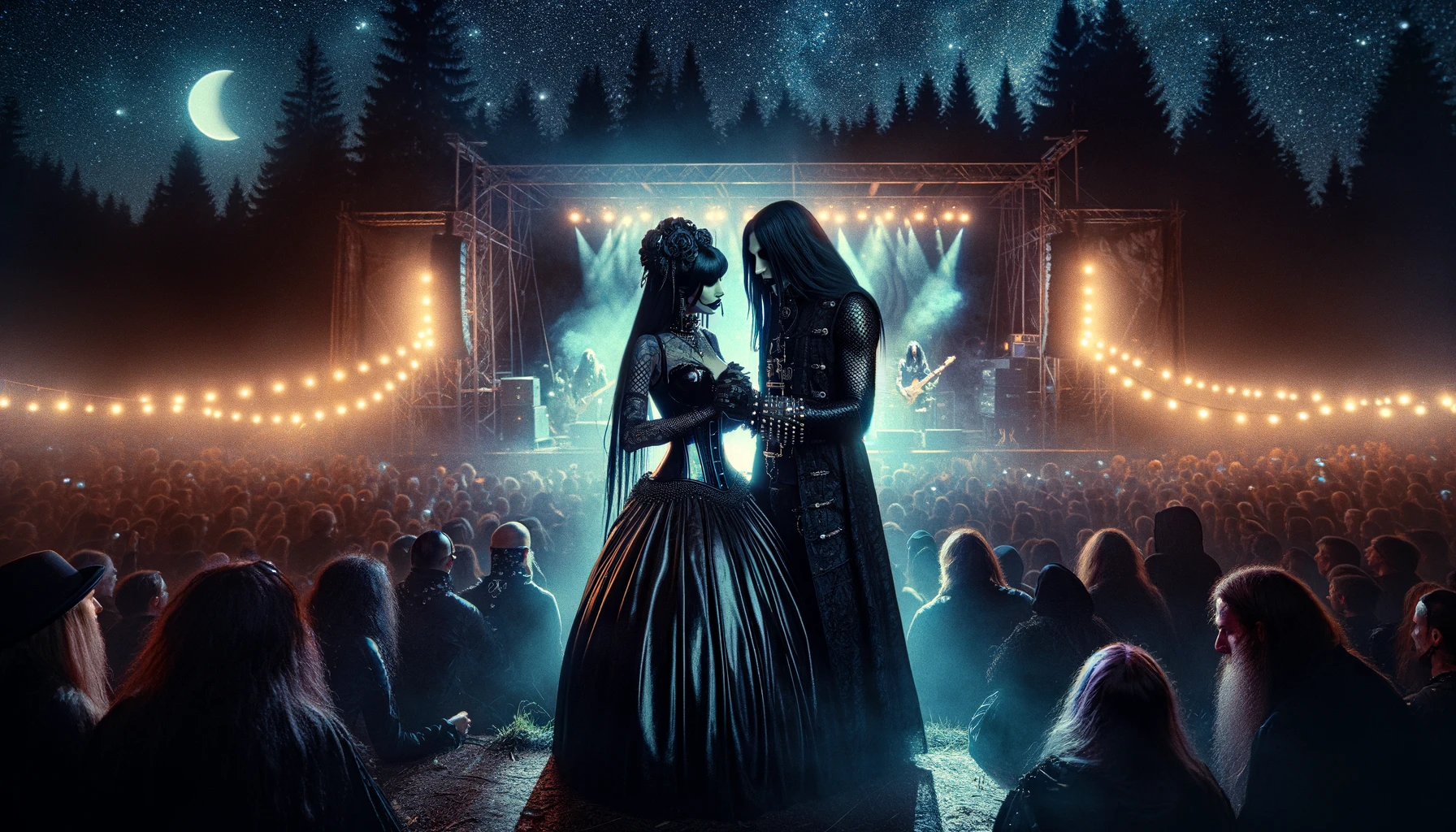 Gothic couple at Arvika Festivalen 2010 at night, with a crowd and starry sky in the background, overlooking the stage.