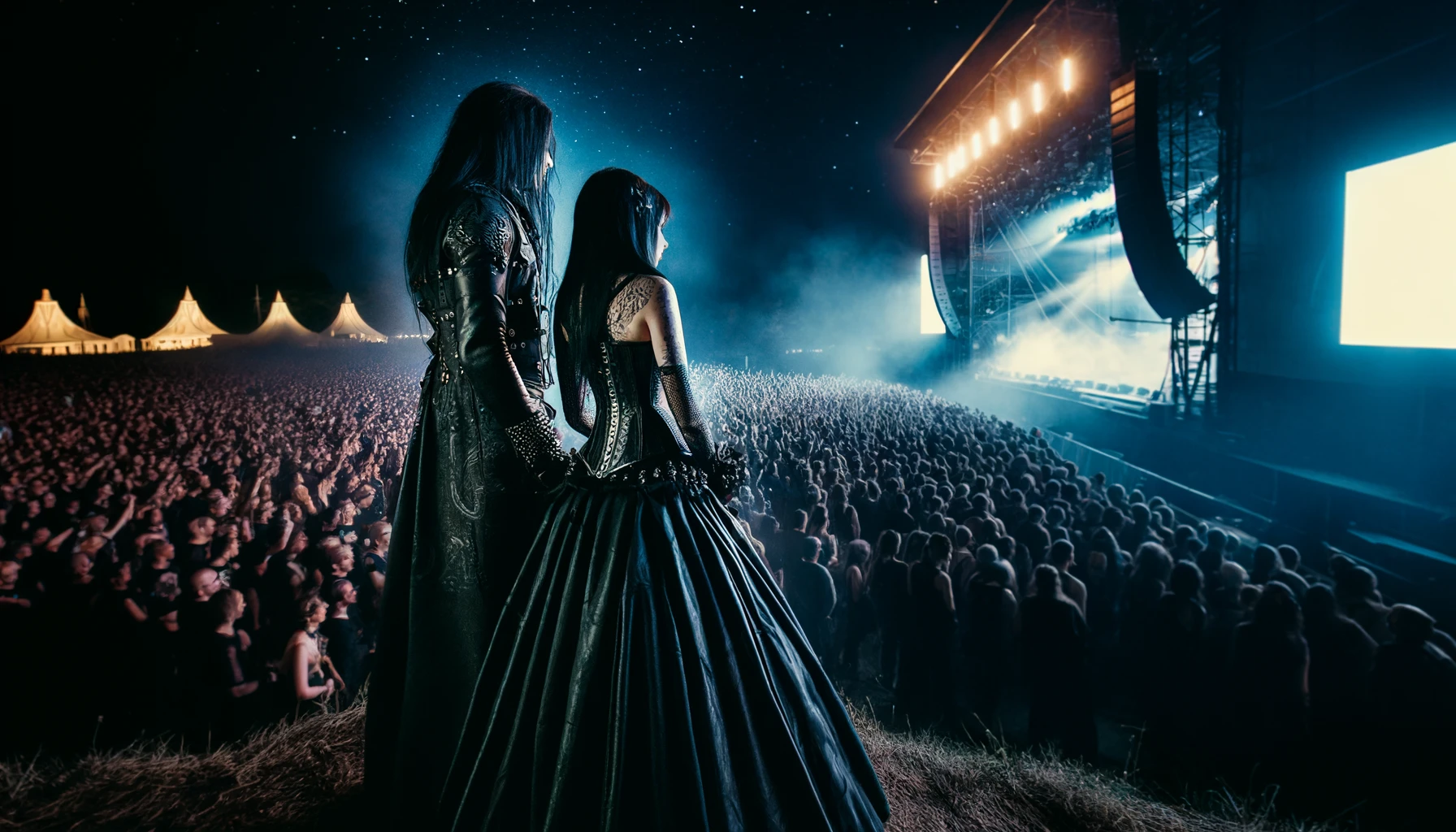 Gothic couple enjoying a concert at Arvika Festivalen, with the crowd in the background under a starlit sky.