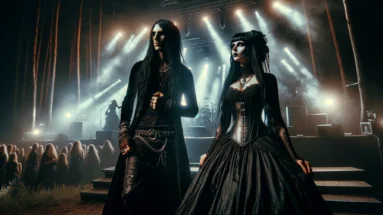 Gothic couple on stage at Arvika Festivalen 2006, with an energetic crowd in the background under the forest and stage lights.