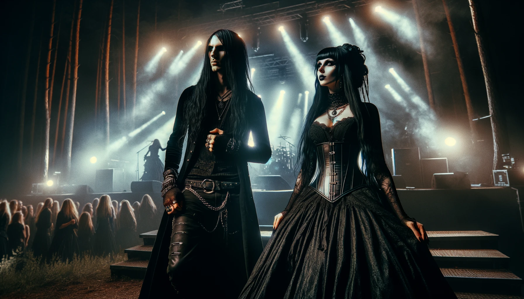 Gothic couple on stage at Arvika Festivalen 2006, with an energetic crowd in the background under the forest and stage lights.