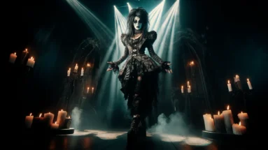 Female shock rock artist in a gothic attire with dramatic makeup standing on a dark stage flanked by candles.