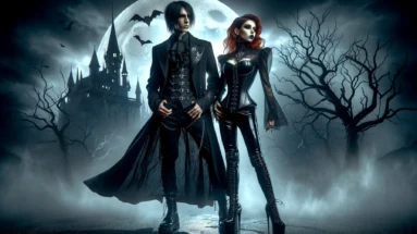 Gothic scene featuring a man and woman under a full moon in front of a dark castle, inspired by BlutEngel - We Belong to the Night. The man in a black coat and the woman in a red-haired, latex outfit embody the song's dark, romantic essence.