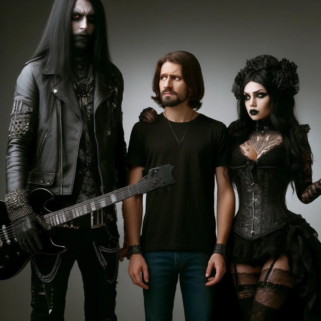 Black metalhead man with guitar and gothic woman alongside an intimidated mainstream man, embodying the message that mainstream music lacks depth.