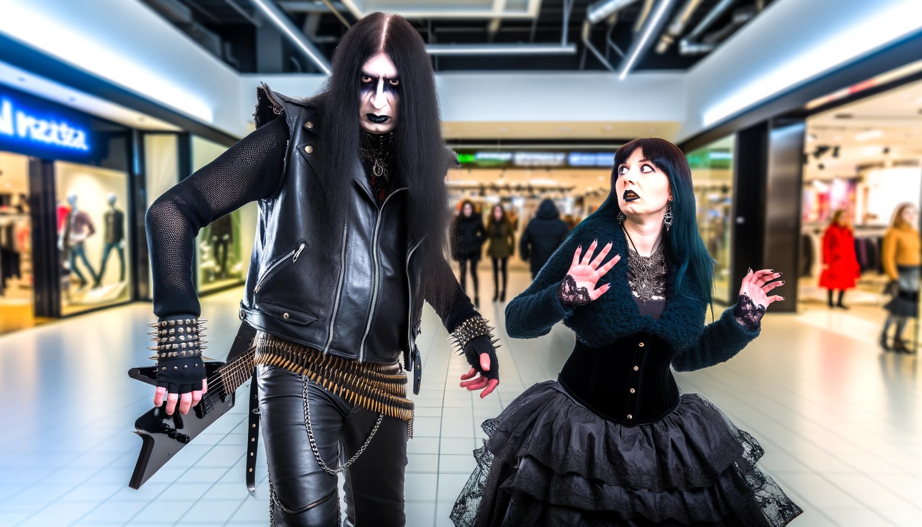 Metalhead and gothic duo confronting a mainstream woman in a shopping center, illustrating the theme that mainstream music lacks depth.
