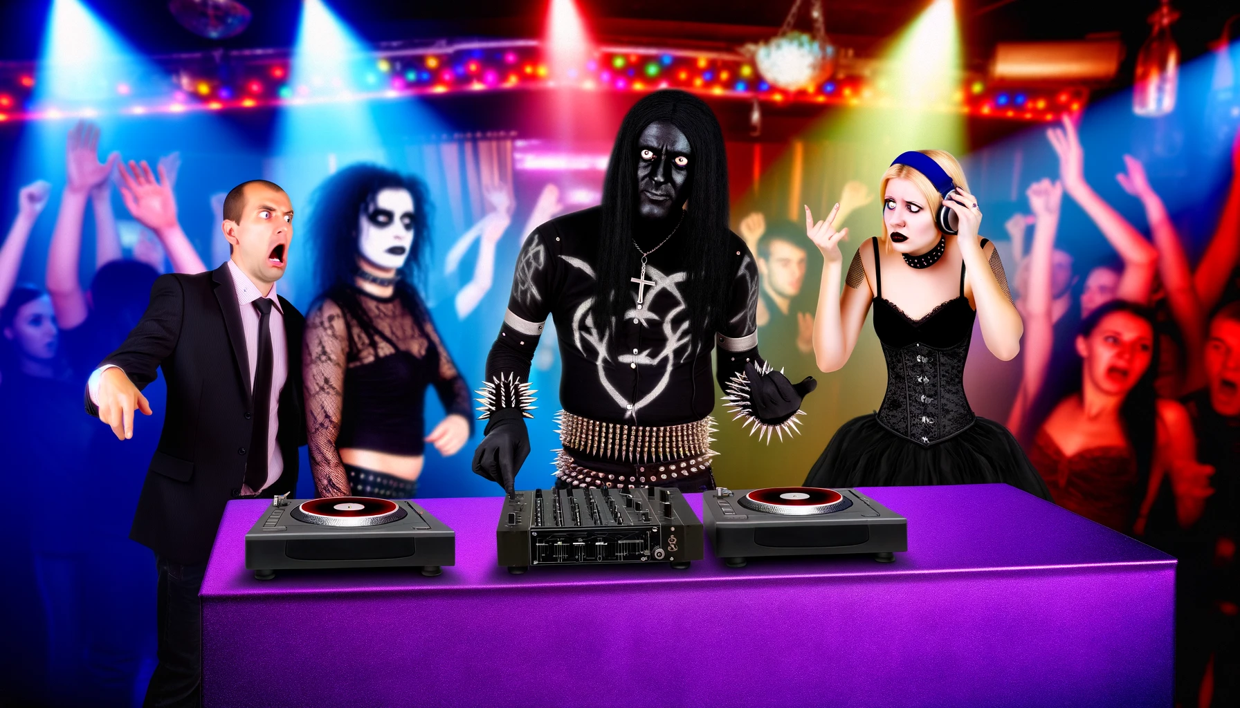 Metalhead and gothic figures intimidate a mainstream woman in an underground setting, representing the idea that mainstream music lacks depth.