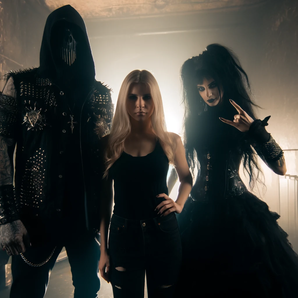 A metalhead and gothic pair in a dark venue challenging a mainstream woman, highlighting the notion that mainstream music lacks depth.