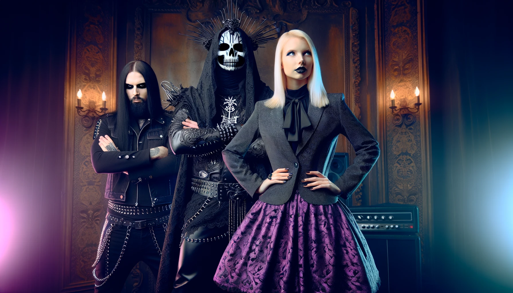 Black metalhead and gothic woman standing confidently with a mainstream woman, underlining the critique that mainstream music lacks depth.