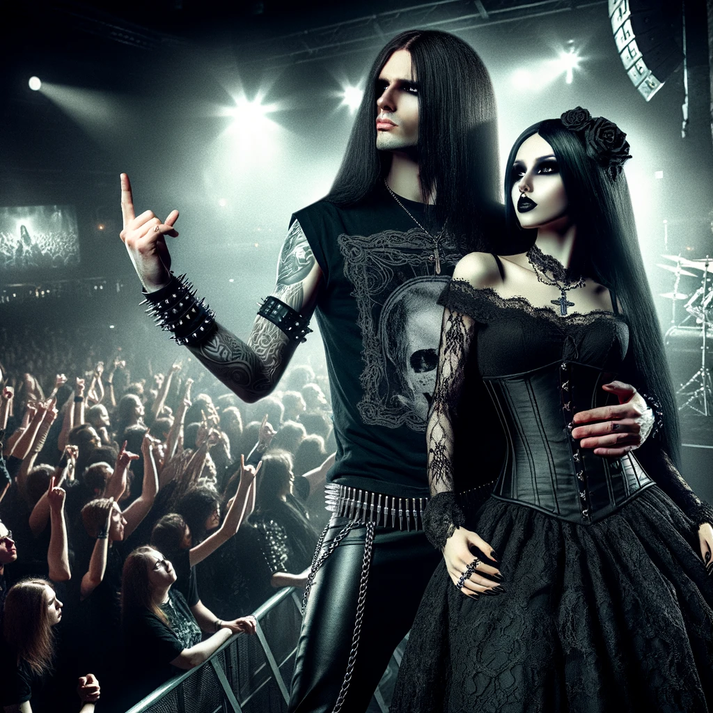 A metalhead man and gothic woman, both with long black hair, personify Anti-Authoritarianism at a vibrant metal concert, captured in this energetic scene.