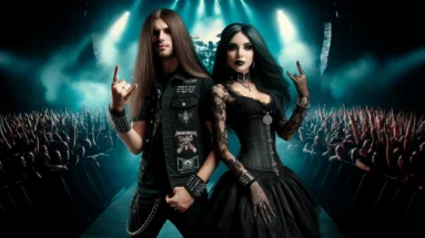 Anti-Authoritarianism at a metal concert with a long-haired metalhead man and a gothic woman amidst a sea of fans.