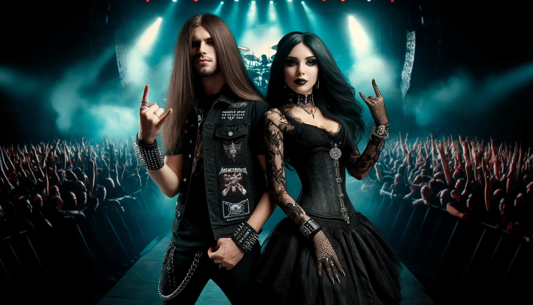 Anti-Authoritarianism at a metal concert with a long-haired metalhead man and a gothic woman amidst a sea of fans.